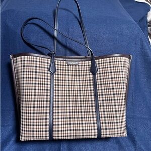 Tory Burch Plaid Tote Bag with Navy Accents